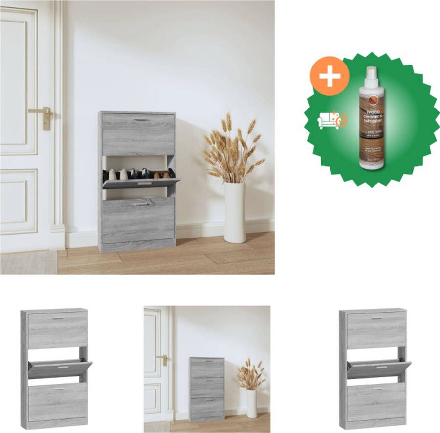 VidaXL Schoenenkast Neerklapbare Lades 59x17x108 cm Grijs Sonoma Eiken Schoenenkast Inclusief Houtreiniger en verfrisser
