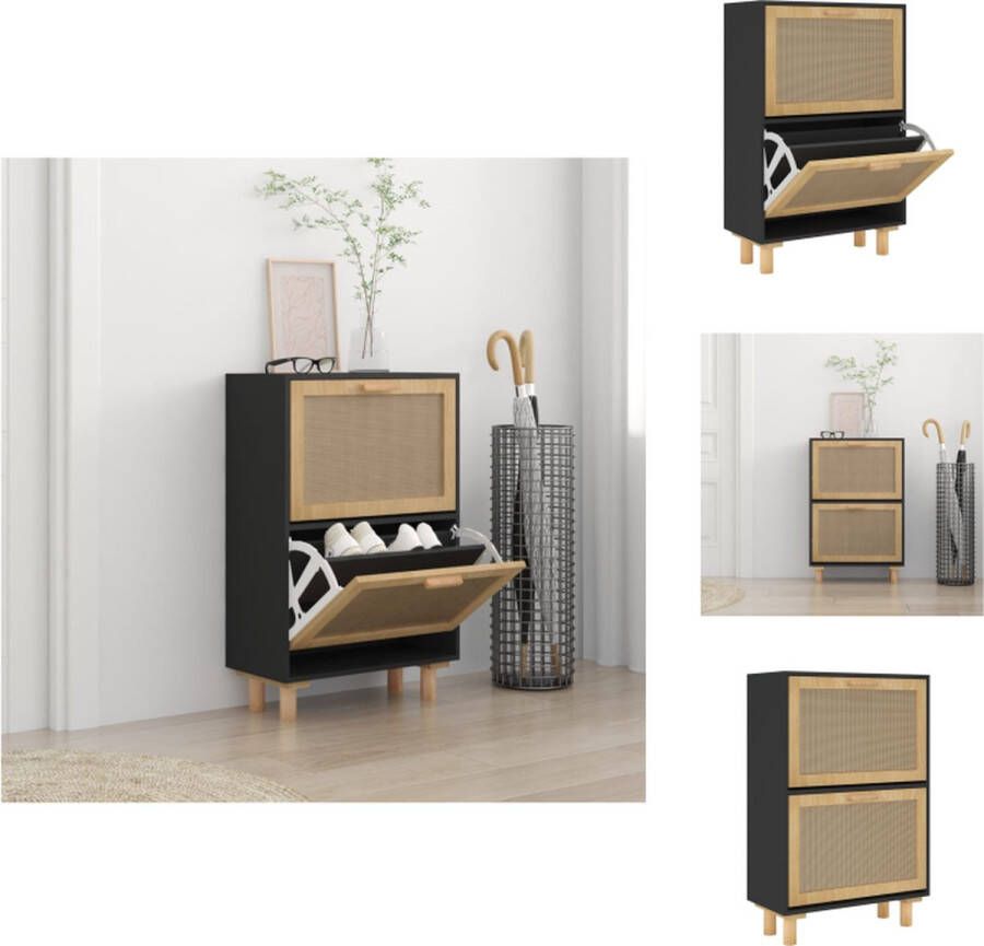 VidaXL Schoenenrek Schoenenrekken Opbergrek Voor Schoenen Schoenenstellage Schoenenkast 52x25x80 cm bewerkt hout en rattan zwart - Foto 2