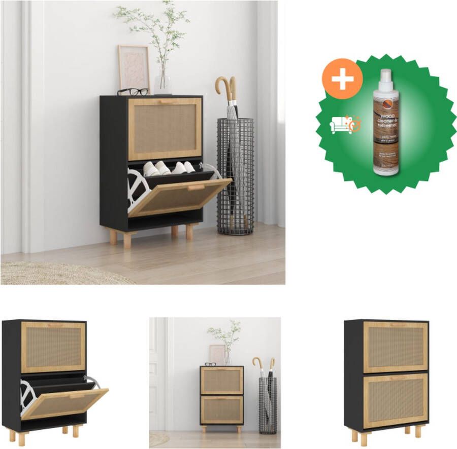 VidaXL Schoenenkast 52x25x80 cm bewerkt hout en rattan zwart Schoenenkast Inclusief Houtreiniger en verfrisser