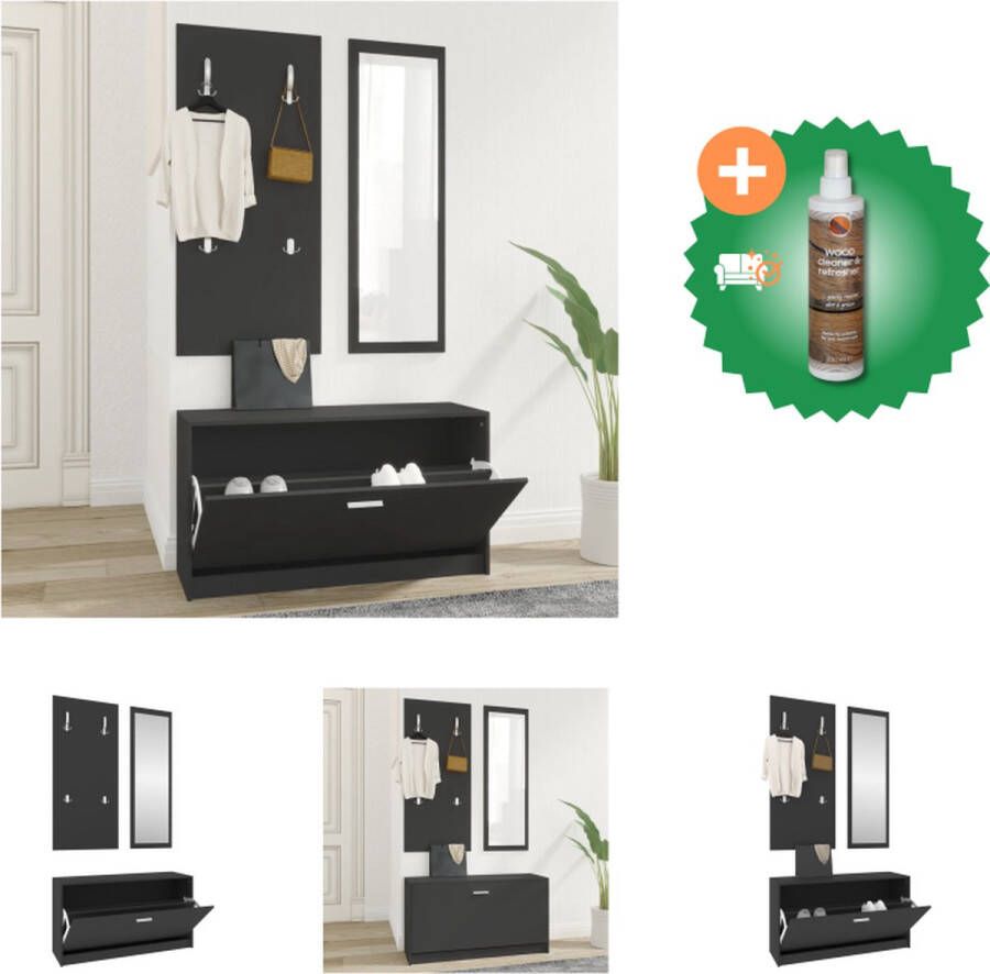 VidaXL Schoenenkast Set 80x27x46.5cm Zwart 3-in-1 Inclusief Kapstok en Spiegel Schoenenkast Inclusief Houtreiniger en verfrisser