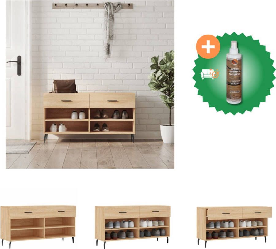 VidaXL Schoenenbank Trendy en praktisch Kleur- Bruineiken Afmetingen- 102 x 35 x 55 cm Duurzaam bewerkt hout en ijzer 2 lades 4 planken Stevig blad Ijzeren poten Montage vereist Schoenenkast Inclusief Houtreiniger en verfrisser