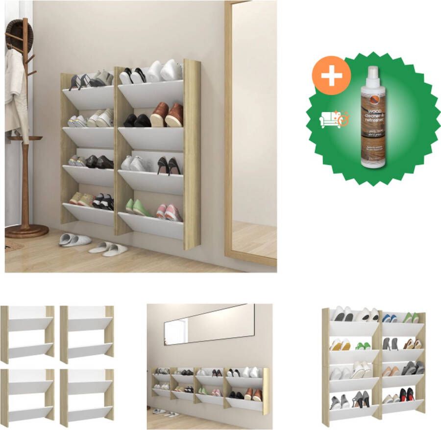 VidaXL Schoenenkast Wandmodel 60 x 18 x 60 cm 2 schuine schappen Wit en Sonoma eiken Schoenenkast Inclusief Houtreiniger en verfrisser