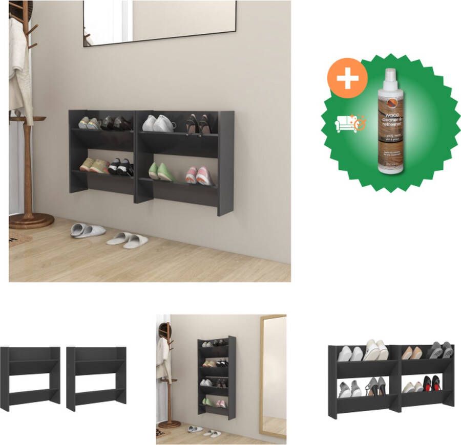 VidaXL Wandschoenenkasten 2 st 60x18x60 cm spaanplaat grijs Schoenenkast Inclusief Houtreiniger en verfrisser