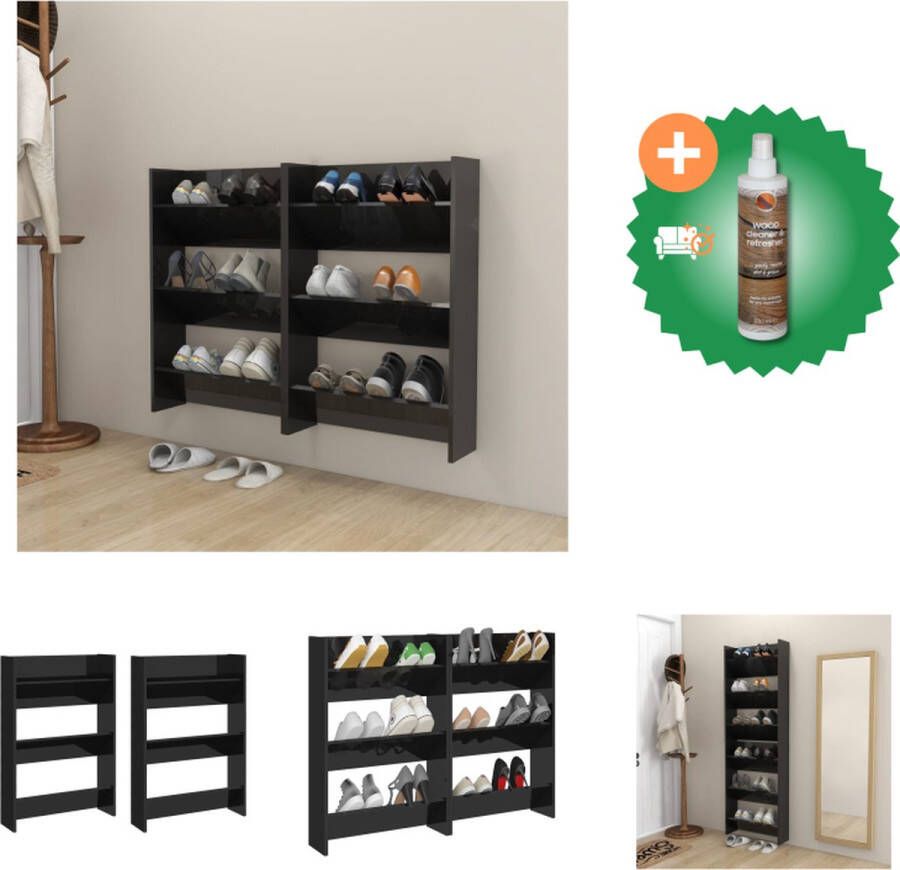 VidaXL Wandschoenenkasten 2 st 60x18x90 cm spaanplaat hoogglans zwart Schoenenkast Inclusief Houtreiniger en verfrisser