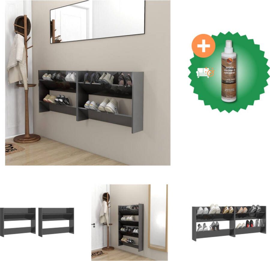 VidaXL Wandschoenenkasten 2 st 80x18x60 cm spaanplaat hoogglans grijs Schoenenkast Inclusief Houtreiniger en verfrisser