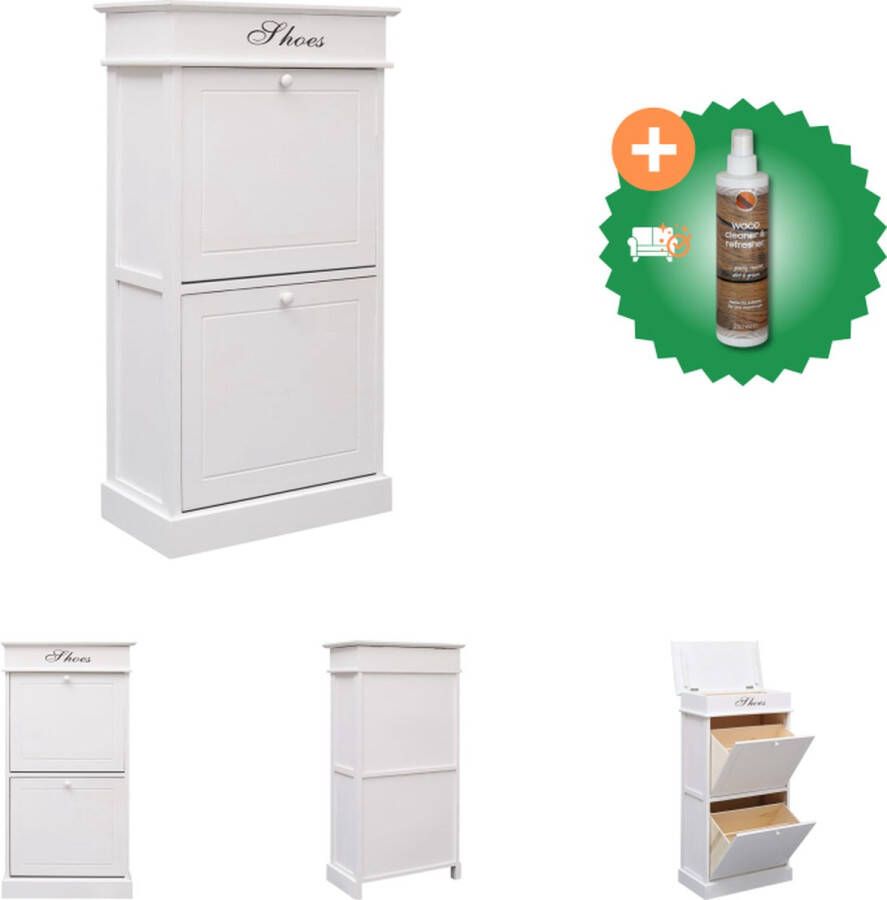 VidaXL Schoenenkast Paulowniahout 50 x 28 x 98 cm Wit Met 2 kantelvakken Schoenenkast Inclusief Houtreiniger en verfrisser