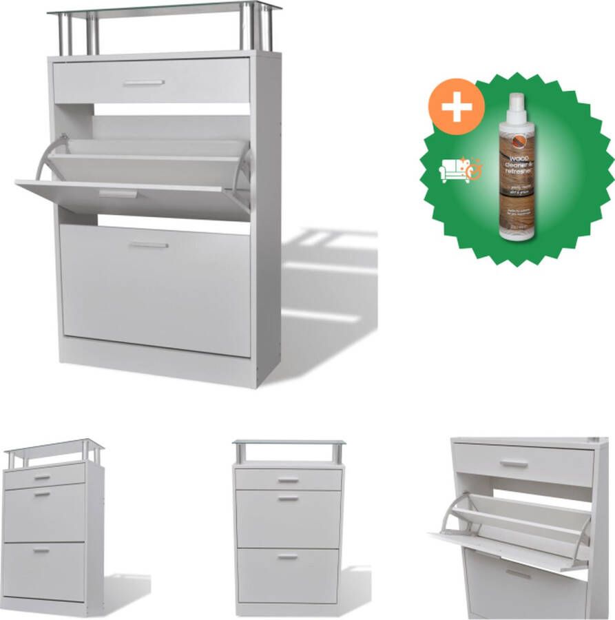 VidaXL Schoenenkast Wit 63x24x104cm Houten kast met lade en glazen schap Schoenenkast Inclusief Houtreiniger en verfrisser