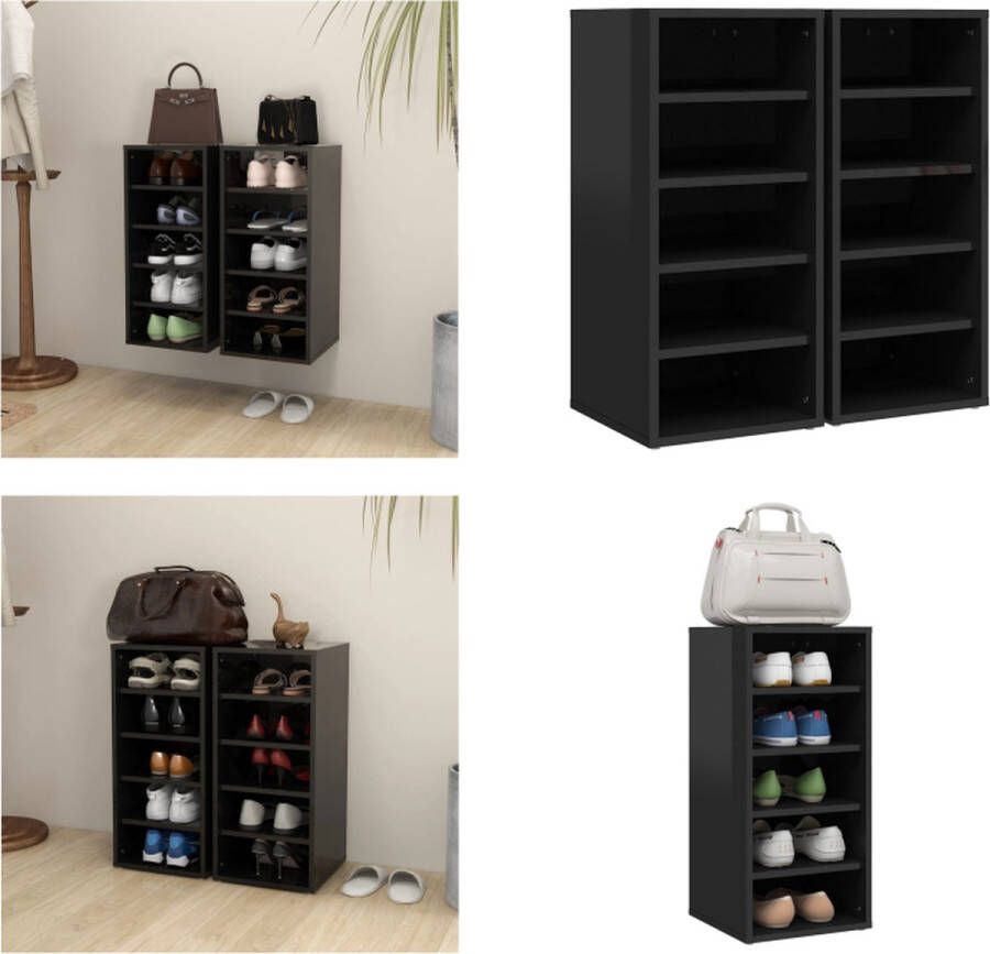 VidaXL Schoenenkasten 2 st 31-5x35x70 cm spaanplaat hoogglans zwart Schoenenkast Schoenenkasten Schoenenopbergers