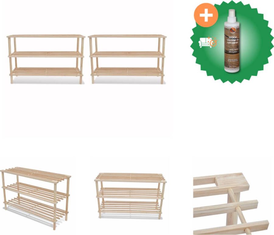VidaXL Schoenenrek 3-laags massief vurenhout 74 x 26 x 48.5 cm Schoenenkast Inclusief Houtreiniger en verfrisser
