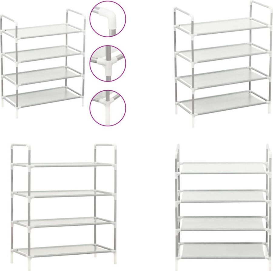 VidaXL Schoenenrek met 4 schappen metaal en nonwoven stof zilverkleur Schoenenrek Schoenenrekken Schoenenordener Schoenenordeners