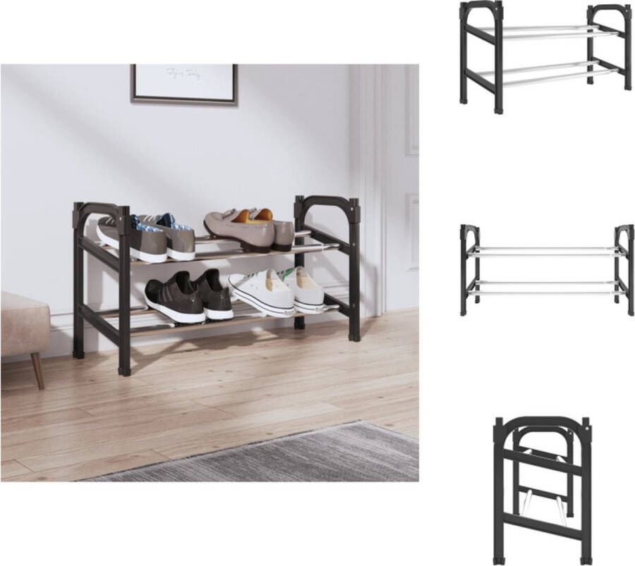 VidaXL Schoenenrek Stapelbaar (66-119) x 24 x 37 cm Aluminium frame Zwart en Zilver Schoenenkast