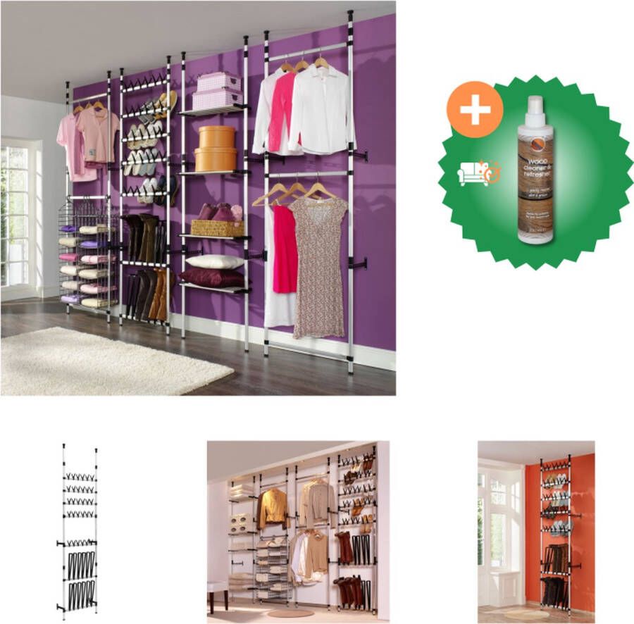 VidaXL Schoenenrek Telescopisch 65 x 28 x 250 300 cm Zilver Zwart Aluminium Kunststof Schoenenkast Inclusief Houtreiniger en verfrisser