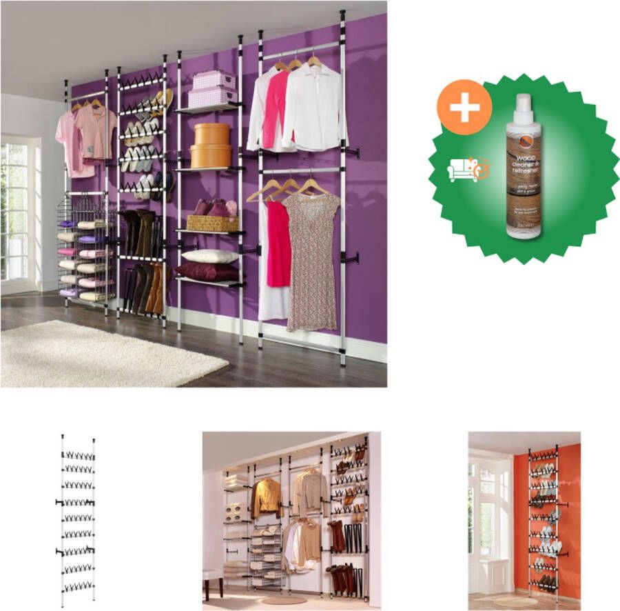 VidaXL Schoenenrek Telescopisch 66 x 25 x 250-300 cm Zilver Zwart Aluminium Schoenenkast Inclusief Houtreiniger en verfrisser