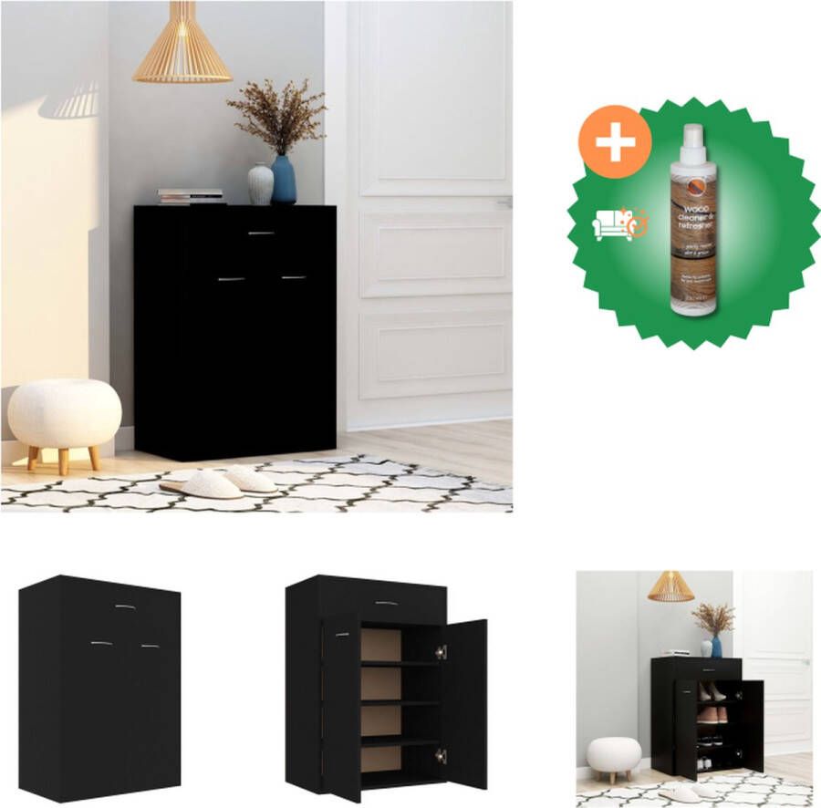 VidaXL Schoenenrek Zwart bewerkt hout 60x35x84 cm Met 1 lade 2 deuren en 4 binnenschappen Schoenenkast Inclusief Houtreiniger en verfrisser