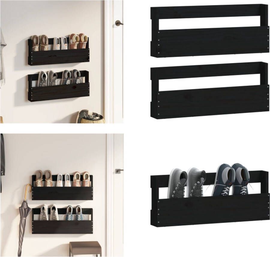 VidaXL Schoenenrekken 2 st 59x9x23 cm massief grenenhout zwart Wand Gemonteerd Schoenenrek Wand Gemonteerde Schoenenrekken Schoenenopslag Schoenen Ordener