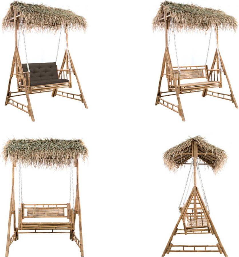 VidaXL Schommelbank 2-zits met palmbladeren en kussen 202 cm bamboe Schommelbank Schommelbanken Terrasbank Terrasbanken