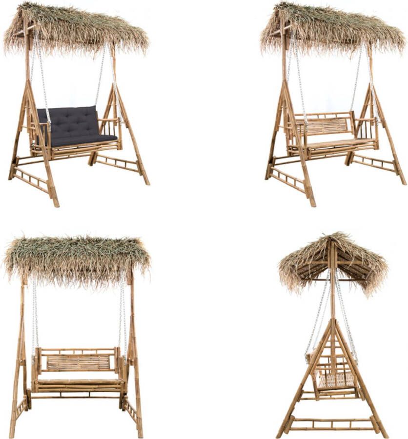 VidaXL Schommelbank 2-zits met palmbladeren en kussen 202 cm bamboe Schommelbank Schommelbanken Terrasbank Terrasbanken