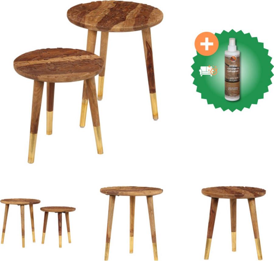 VidaXL Sheeshamhouten Salontafels Set van 2 40 x 40 x 45 cm 35 x 35 x 37 cm Met Graveringen Tafel Inclusief Houtreiniger en verfrisser