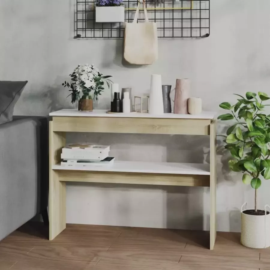 VidaXL Sidetable kleur wit en eiken 102x30x80 cm spaanplaat