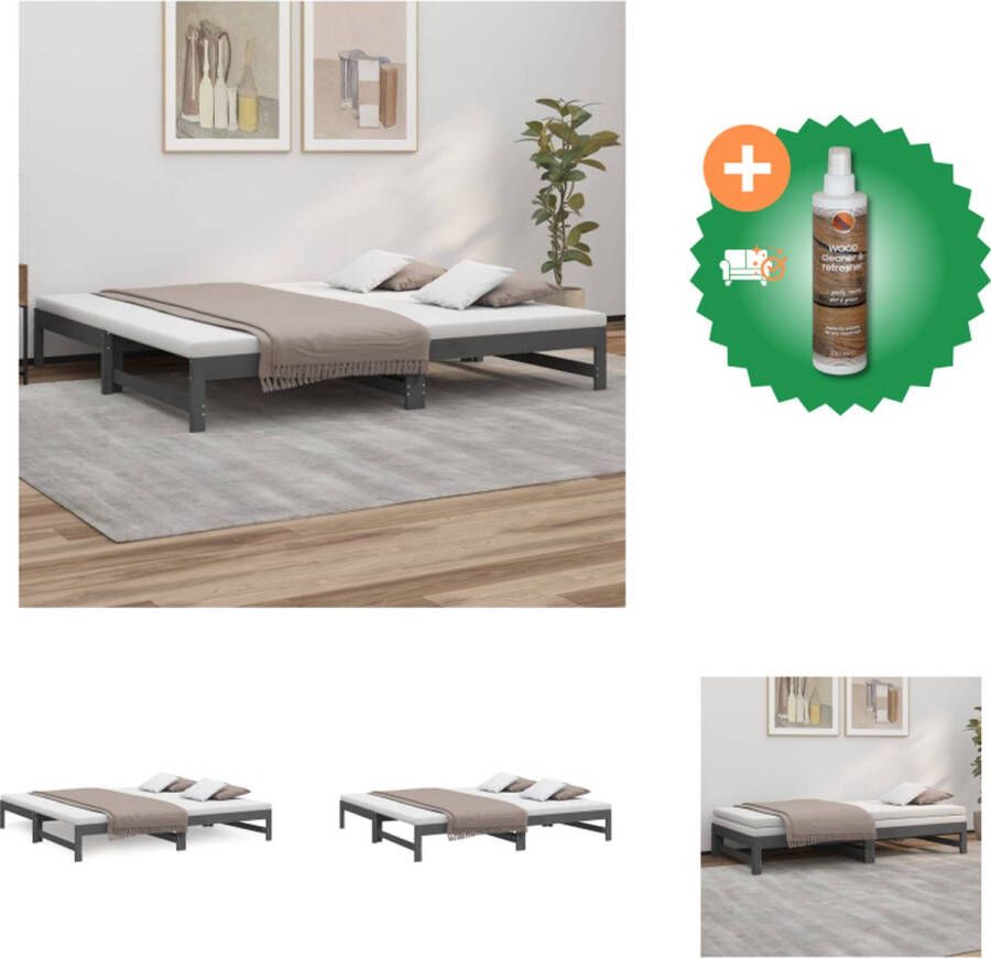 VidaXL Slaapbank Massief Grenenhout Uitschuifbaar Bed Gelat Ontwerp Eenvoudig Gebruik Grijs 202.5 x 199 x 33.5 cm Geschikt voor 100 x 200 cm Matras Bed Inclusief Houtreiniger en verfrisser