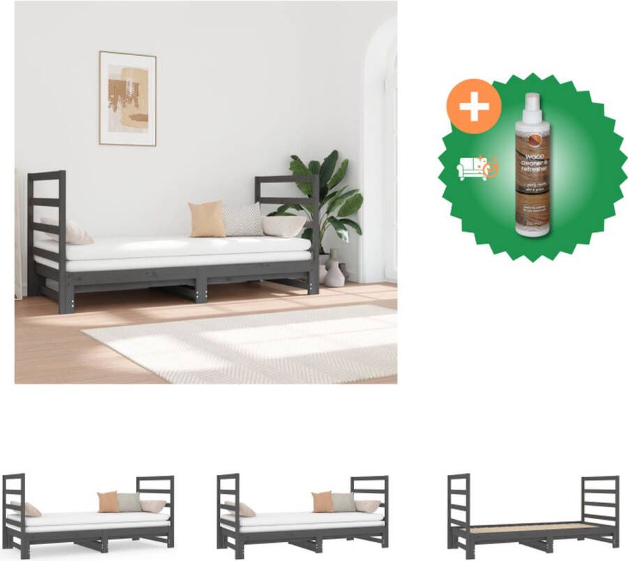 VidaXL Slaapbank Grenenhout Uitschuifbaar Grijs 195.5 x 182 x 30 cm Inclusief hoofdeind Bed Inclusief Houtreiniger en verfrisser