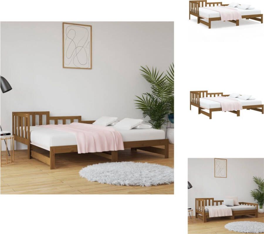 VidaXL Slaapbank Logeerbed Massief grenenhout Gelat ontwerp Eenvoudig gebruik Uitschuifbaar Honingbruin 203.5 x 181 x 68.5 cm Geschikt voor 90 x 200 cm matrassen 2 stuks matrassen vereist Bed