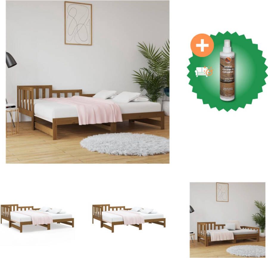 VidaXL Slaapbank Logeerbed Massief grenenhout Gelat ontwerp Eenvoudig gebruik Uitschuifbaar Honingbruin 203.5 x 181 x 68.5 cm Geschikt voor 90 x 200 cm matrassen 2 stuks matrassen vereist Bed Inclusief Houtreiniger en verfrisser