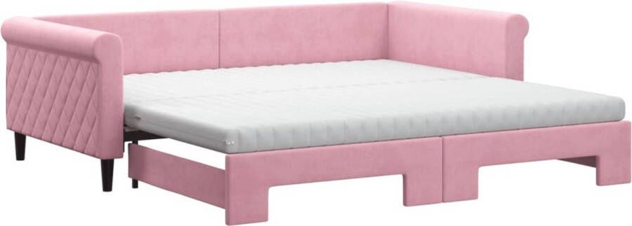 VidaXL -Slaapbank-onderschuifbed-en-matrassen-100x200-cm-fluweel-roze - Foto 2