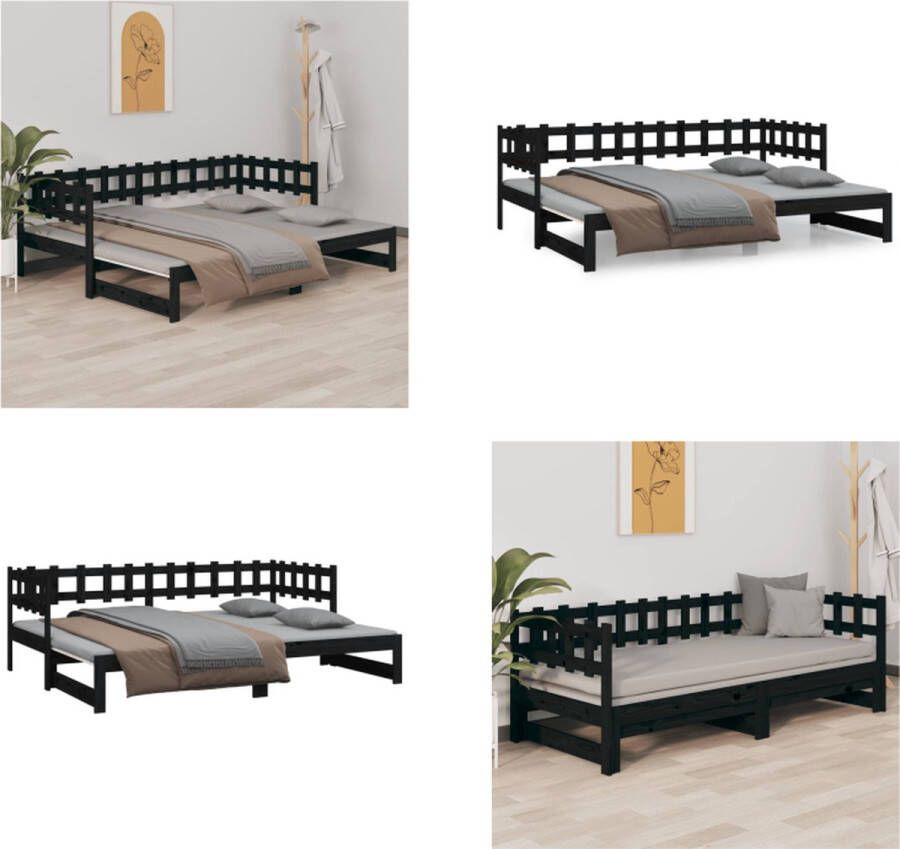 VidaXL Slaapbank uitschuifbaar 2x(80x200) cm massief grenenhout zwart Slaapbank Slaapbanken Bedbank Bed Bank Slaap Bank