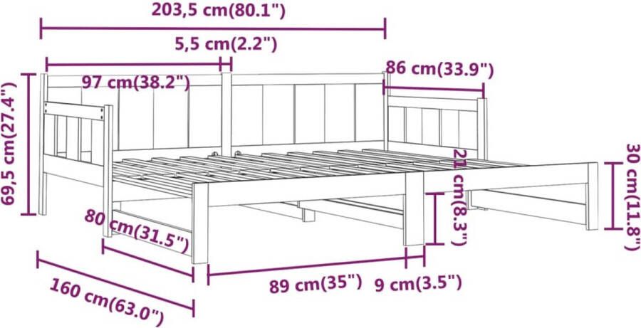 VidaXL -Slaapbank-uitschuifbaar-massief-grenenhout-2x(80x200)-cm - Foto 4