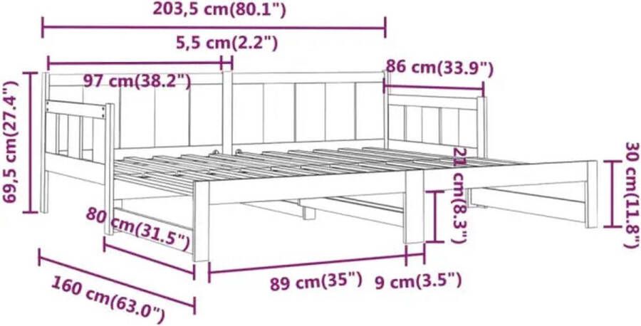 VidaXL -Slaapbank-uitschuifbaar-massief-grenenhout-wit-2x(80x200)-cm - Foto 4