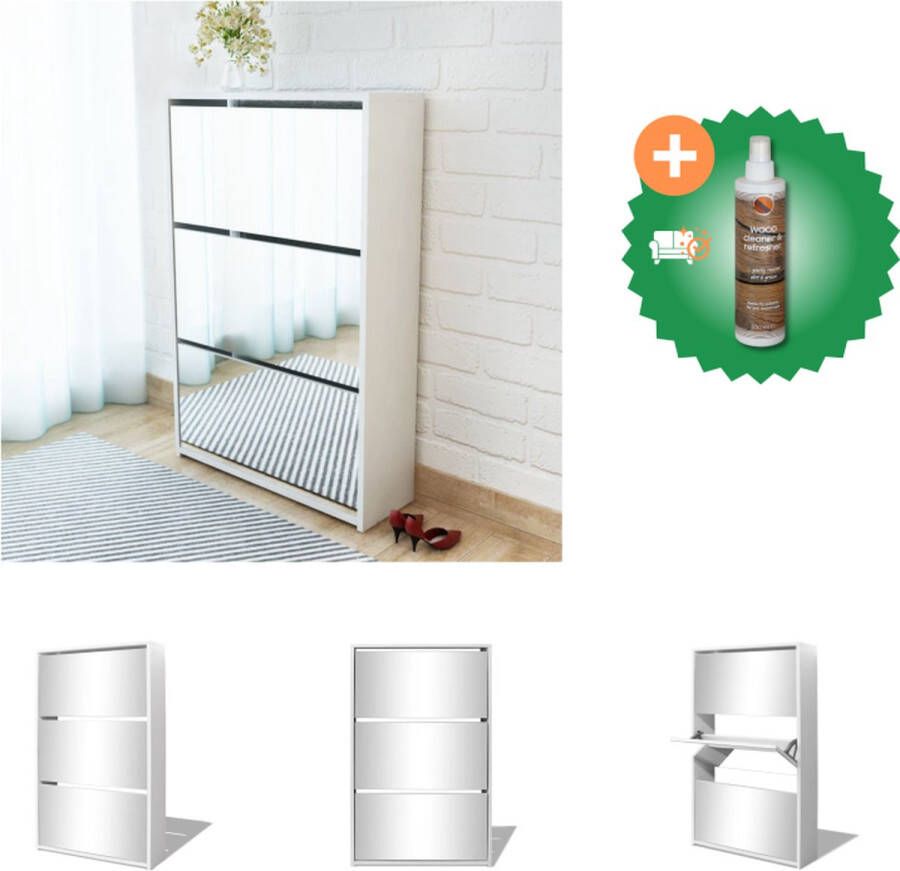 VidaXL Spiegelschoenenkast Halkastje met 3 lades Wit 63 x 17 x 102.5 cm Schoenenkast Inclusief Houtreiniger en verfrisser
