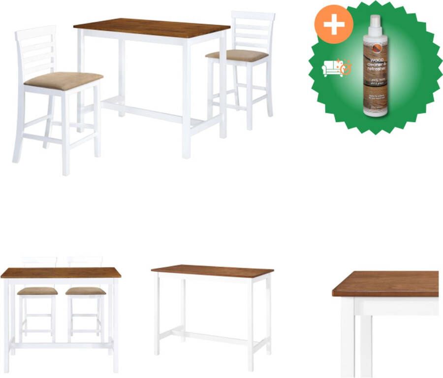 VidaXL Tafel en stoelenset bruin wit MDF tafelblad massief houten poten rubberwood frame beige zitting Set tafel en stoelen Inclusief Houtreiniger en verfrisser