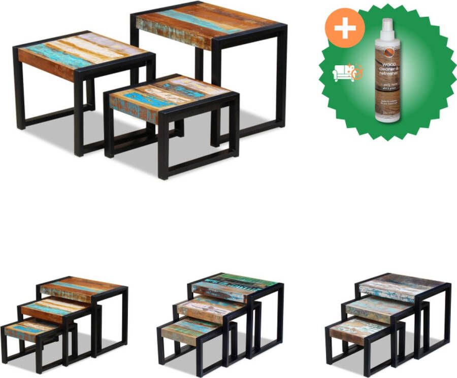 VidaXL Tafelset Vintage Stijl Salontafels Bijzettafels Nachtkastjes Gerecycled Hout Stalen Frame Meerkleurig Handgemaakt Set van 3 Tafel Inclusief Houtreiniger en verfrisser - Foto 2