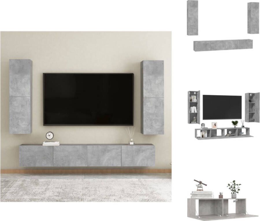 VidaXL Televisiekast Betongrijs Wandmontage 2x Tv-meubel (L) + 2x Tv-meubel (M) 100x30x30cm (BxDxH) + 30.5x30x110cm (BxDxH) Kast