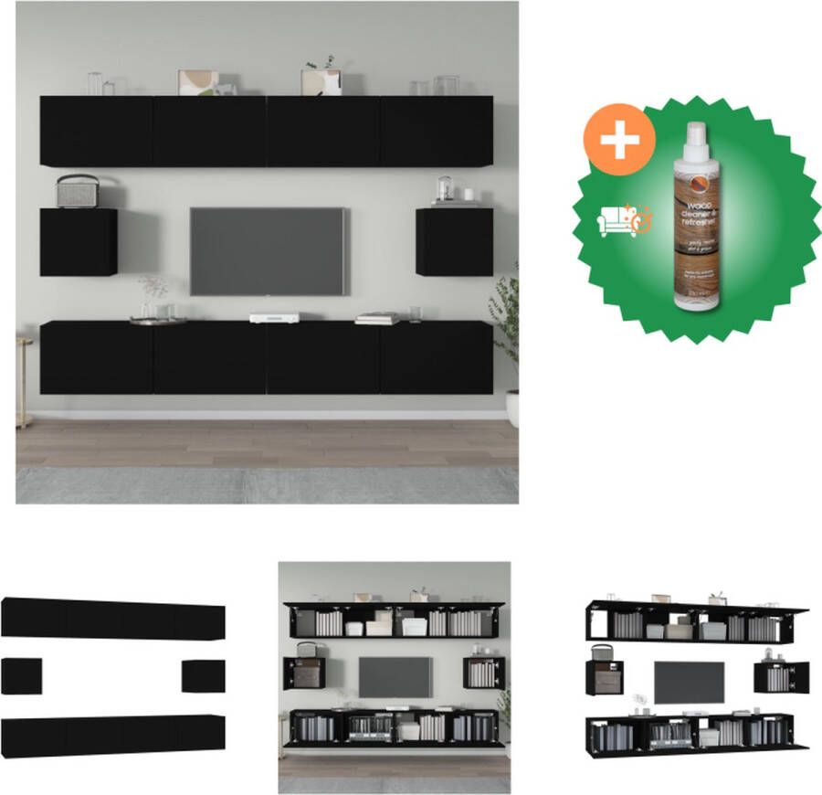 VidaXL Televisiemeubelset Klassiek Design Stevig Bewerkt Hout Voldoende Opbergruimte Wandgemonteerd Kleur- Zwart 3x 60x30x30 cm 1x 30.5x30x60 cm 2x 100x30x30 cm Kast Inclusief Houtreiniger en verfrisser