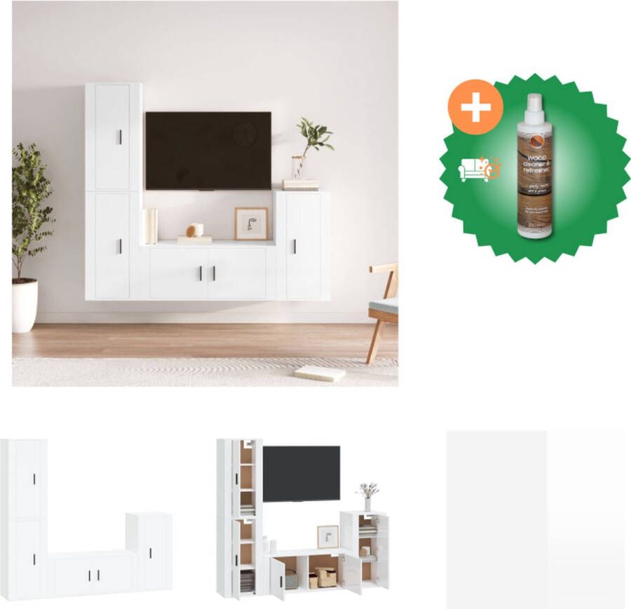 VidaXL TV-meubel set Klassiek praktisch en trendy design Hoogglans wit Gemaakt van bewerkt hout Voldoende opbergruimte Kast Inclusief Houtreiniger en verfrisser - Foto 2