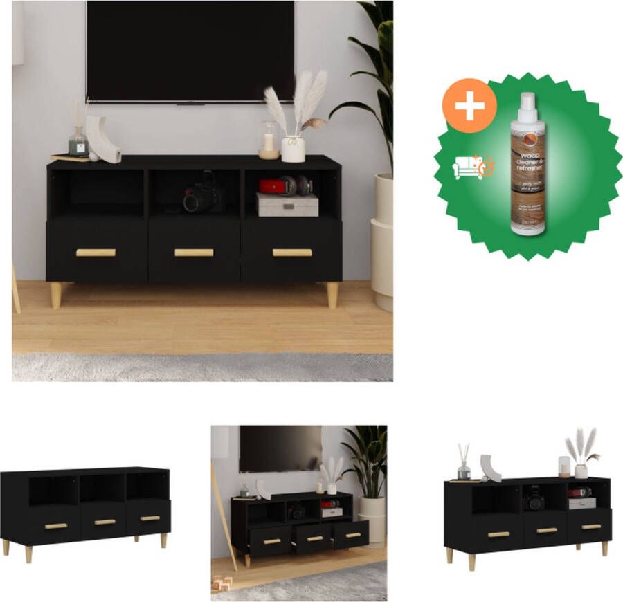 VidaXL Televisiekast Trendy en praktisch ontwerp Stevig bewerkt hout 3 vakken en 3 lades Presenteerfunctie IJzeren poten Zwart 102 x 36 x 50 cm Montage vereist Kast Inclusief Houtreiniger en verfrisser