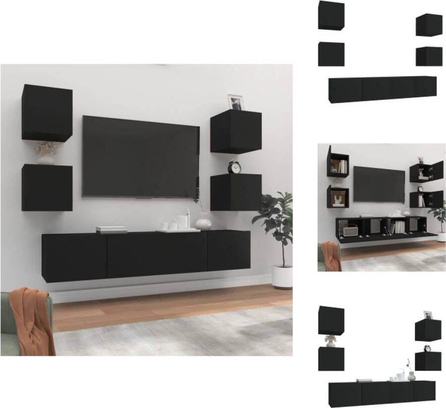 VidaXL Tv-meubelset 6-delig Zwart Bewerkt hout Televisieserie Tv Kast Wandmontage Houten Tv Stand Tv Meubel - Foto 2
