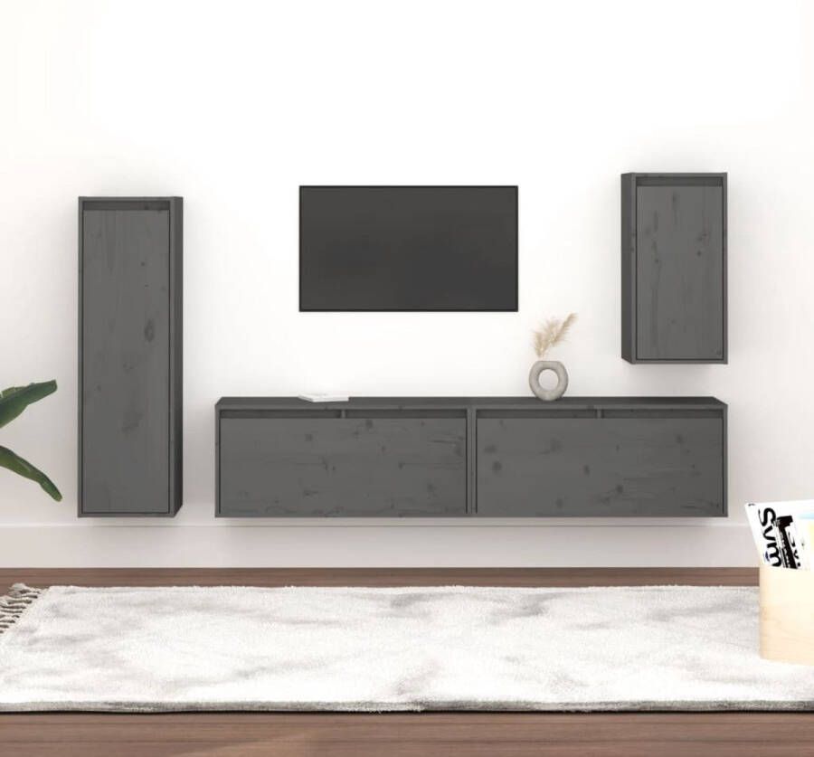 VidaXL Televisiemeubels Massief grenenhout Set van 3 Grijs 80x30x35cm 30x30x60cm 30x30x100cm Kast
