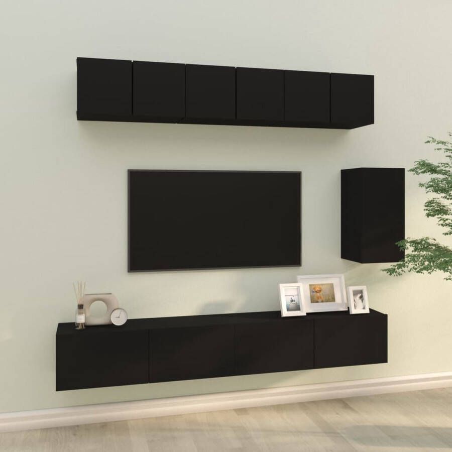 VidaXL Televisiemeubelset Klassiek Design Stevig Bewerkt Hout Voldoende Opbergruimte Wandgemonteerd Kleur- Zwart 3x 60x30x30 cm 1x 30.5x30x60 cm 2x 100x30x30 cm Kast