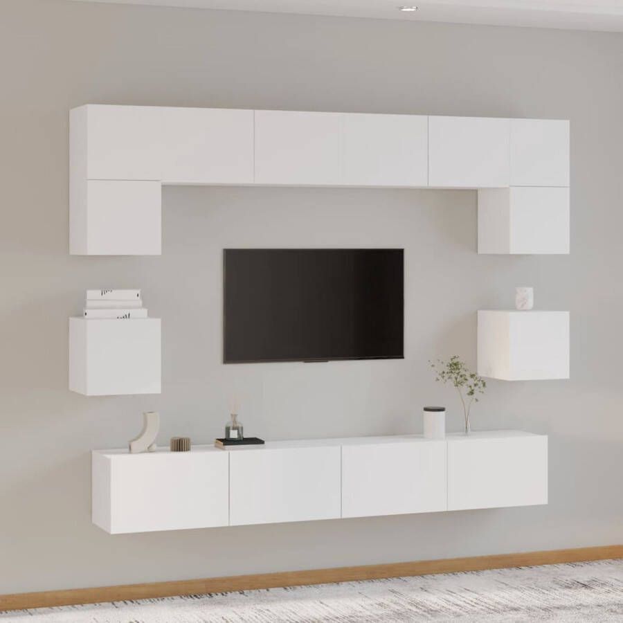 VidaXL Televisiemeubelset Klassiek design Wandgemonteerd Voldoende opbergruimte Wit Materiaal- bewerkt hout 2x 60x30x30cm 2x 80x30x30cm 2x 100x30x30cm 2x 30.5x30x30cm Kast