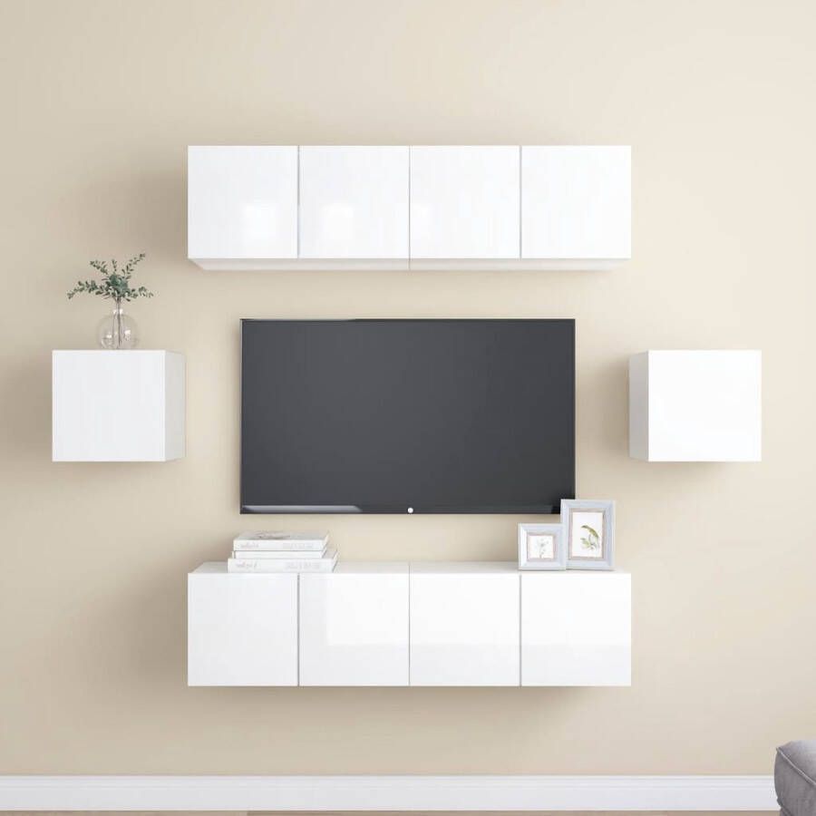 VidaXL Tv-kastenset Tv-kastensets Tv-kasten Tv-meubelset 6-delige Tv-meubelset bewerkt hout hoogglans wit - Foto 2