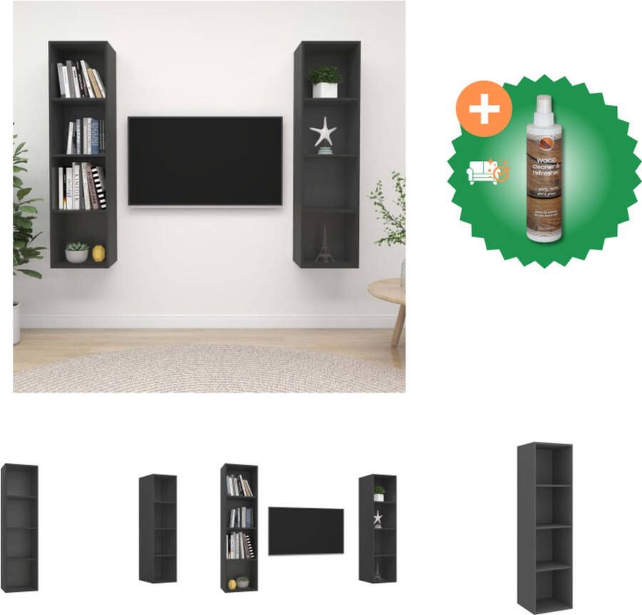 VidaXL Tv-meubelset Grijs Spaanplaat 37x37x142.5 cm Opbergruimte Verticaal horizontaal ophangen 4 vakken Vochtig afneembaar Montage vereist 2 x tv-meubel Kast Inclusief Houtreiniger en verfrisser - Foto 2