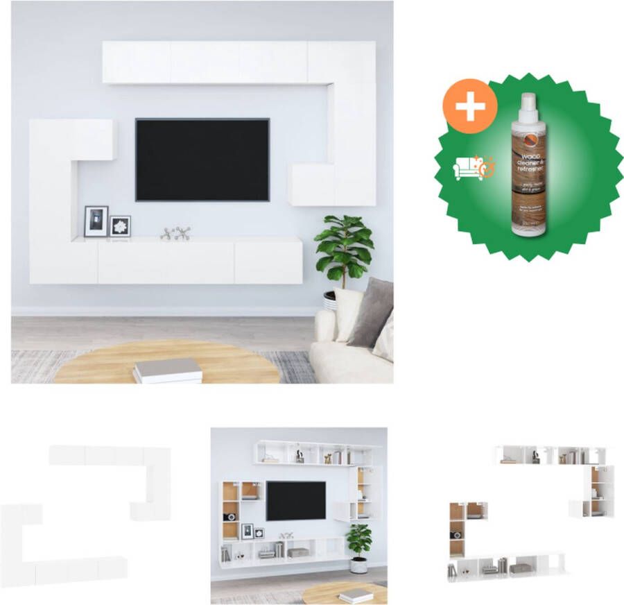 VidaXL Televisiewandmeubel Hangende TV-kast Set van 8 Hoogglans wit Bewerkt hout 30.5 x 30 90 100 cm Duurzaam en decoratief Kast Inclusief Houtreiniger en verfrisser