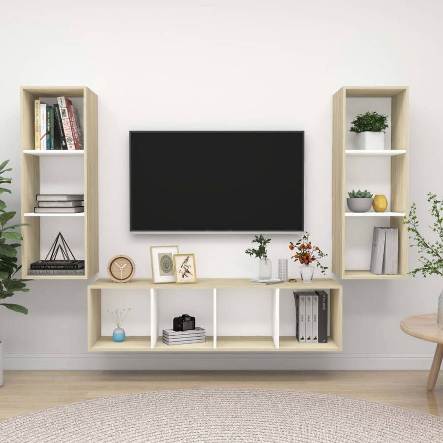 VidaXL Televisiewandmeubel naam Tv-meubelset 37x37x107 cm 37x37x142.5 cm Kleur- wit sonoma eiken Materiaal- spaanplaat Montage vereist Kast