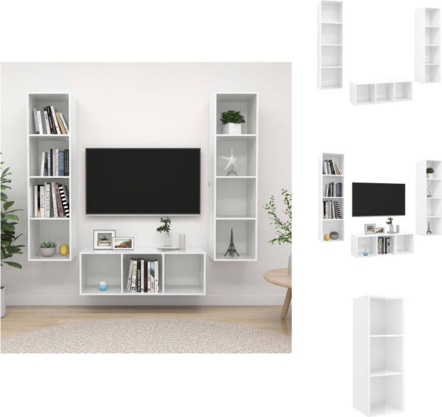 VidaXL Televisiewandmeubelset Hoogglans wit 1 tv-meubel- 37x37x107 cm 2 tv-meubels- 37x37x142.5 cm Spaanplaat Kast