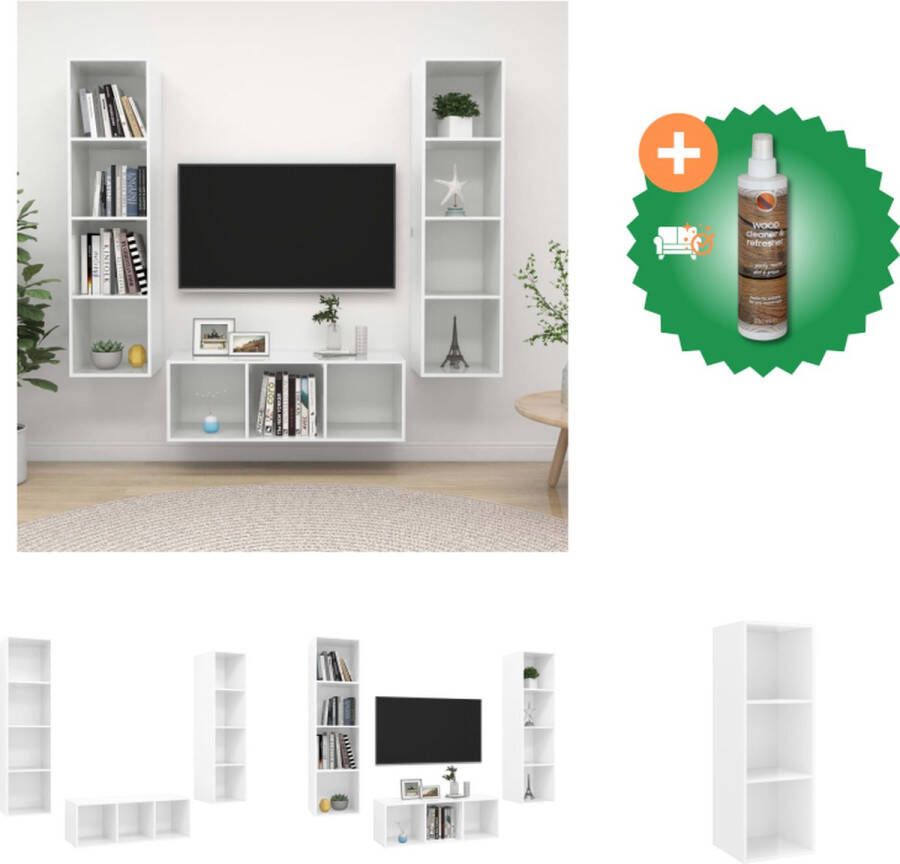 VidaXL Televisiewandmeubelset Hoogglans wit 1 tv-meubel- 37x37x107 cm 2 tv-meubels- 37x37x142.5 cm Spaanplaat Kast Inclusief Houtreiniger en verfrisser