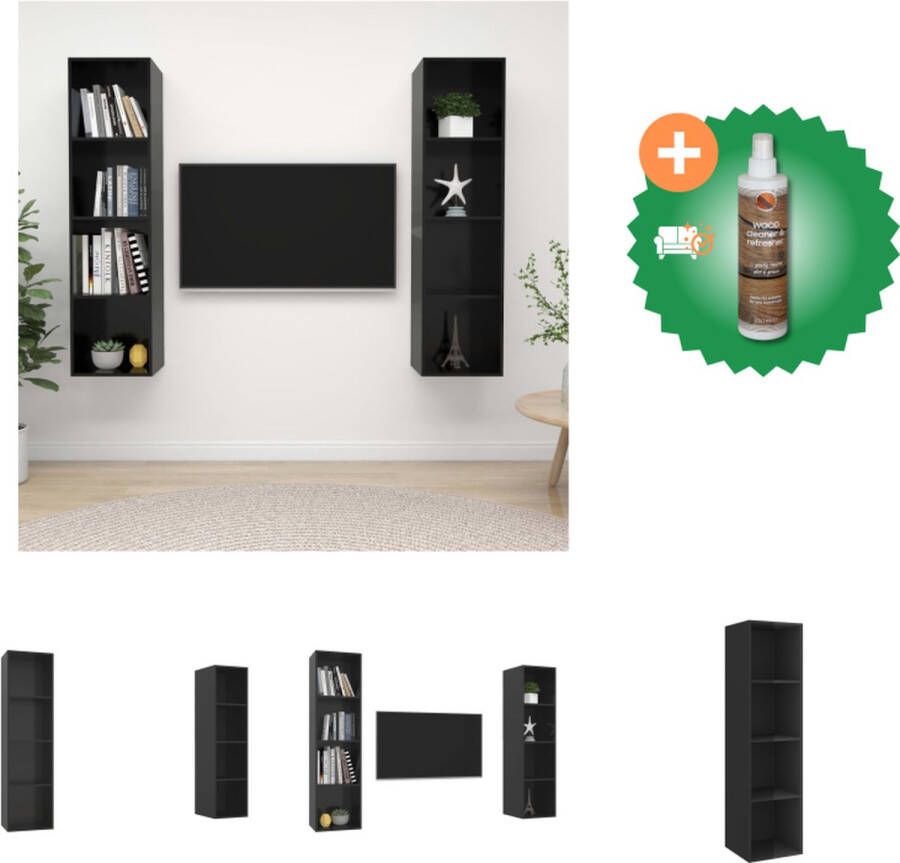 VidaXL Televisiewandmeubelset Hoogglans Zwart 37 x 37 x 142.5 cm (B x D x H) Spaanplaat Montage vereist 2 x TV-meubel Kast Inclusief Houtreiniger en verfrisser