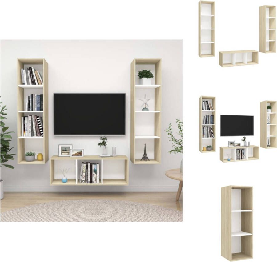 VidaXL Televisiewandmeubelset Kleur- wit en sonoma eiken Materiaal- spaanplaat 37 x 37 x 107 cm 37 x 37 x 142.5 cm Ken- wandbevestiging Kast